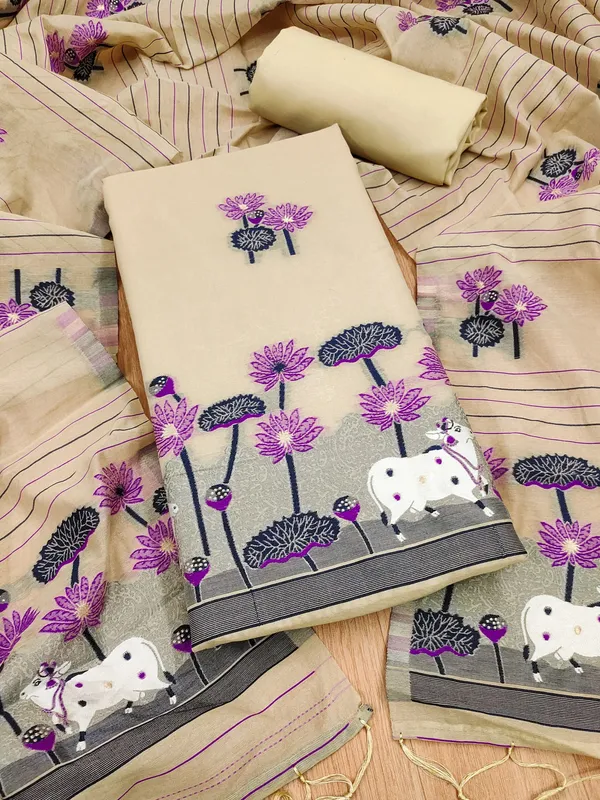 Chiku_Muga_Banarasi_Cotton_Weaving_Unstitched_Kurta_Set_For_Women