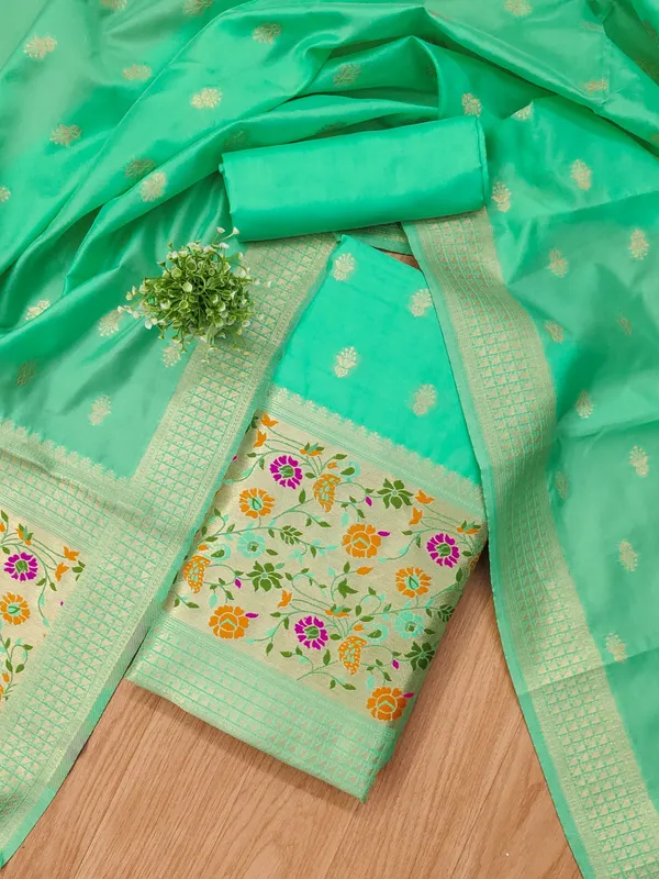 Sea_Green_Soft_Litchi_Banarasi_Silk_Weaving_Unstitched_Kurta_Set_For_Women