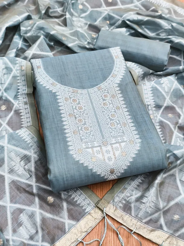 Grey_Jamdani_Banarasi_Cotton_Weaving_Unstitched_Kurta_Set_For_Women