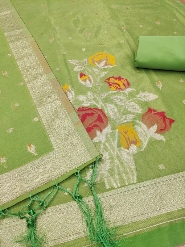 Green_Shimmer_Banarasi_Silk_Weaving_Unstitched_Kurta_Set_For_Women