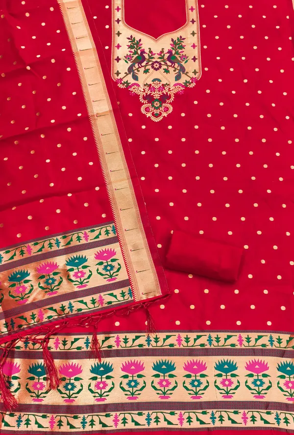 Red_Soft_Litchi_Banarasi_Silk_Weaving_Unstitched_Kurta_Set_For_Women