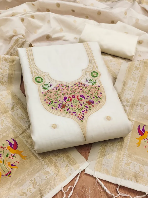 White_Soft_Litchi_Banarasi_Silk_Weaving_Unstitched_Kurta_Set_For_Women