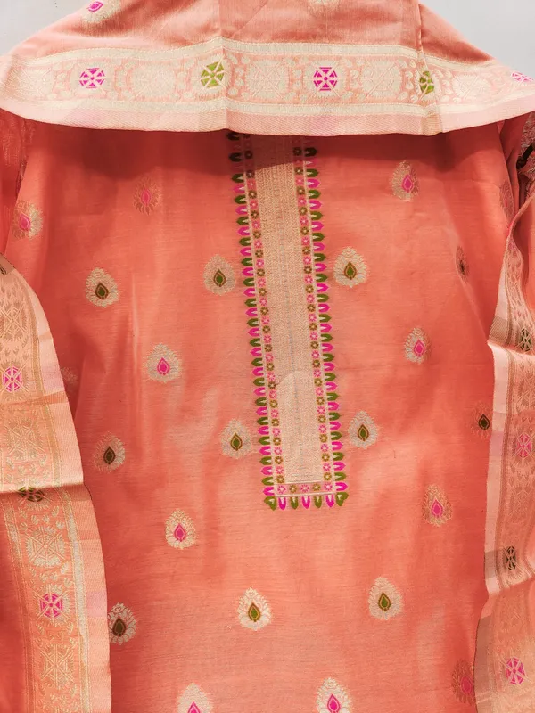 Peach_Chanderi_Banarasi_Cotton_Weaving_Unstitched_Kurta_Set_For_Women