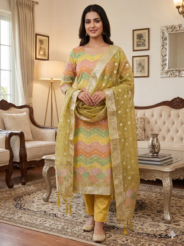 Yellow_Organza_Banarasi_Silk_Weaving_Unstitched_Kurta_Set_For_Women