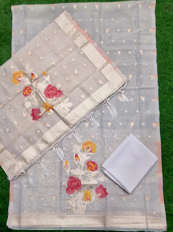 Cream_Shimmer_Banarasi_Silk_Weaving_Unstitched_Kurta_Set_For_Women