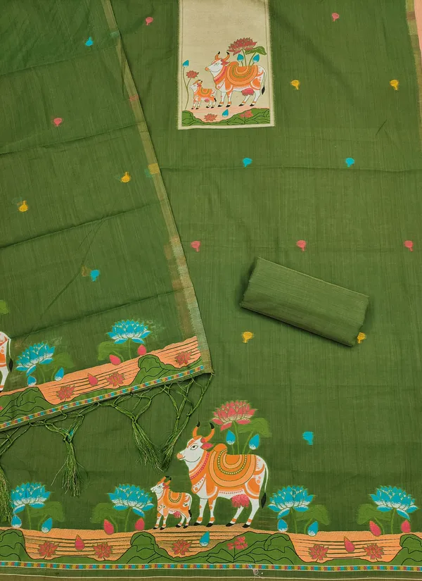 Mehendi_Jamdani_Banarasi_Cotton_Weaving_Unstitched_Kurta_Set_For_Women