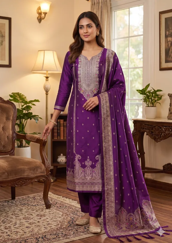 Purple_Soft_Litchi_Banarasi_Silk_Weaving_Unstitched_Kurta_Set_For_Women