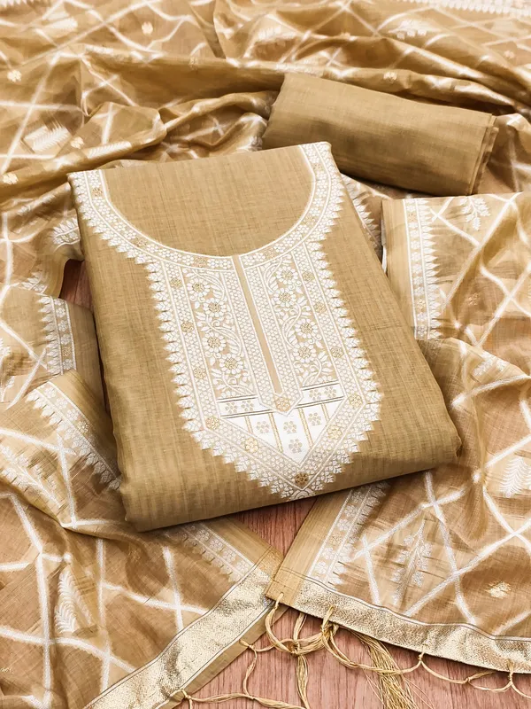 Cream_Jamdani_Banarasi_Cotton_Weaving_Unstitched_Kurta_Set_For_Women