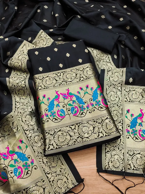 Black_Soft_Litchi_Banarasi_Silk_Weaving_Unstitched_Kurta_Set_For_Women