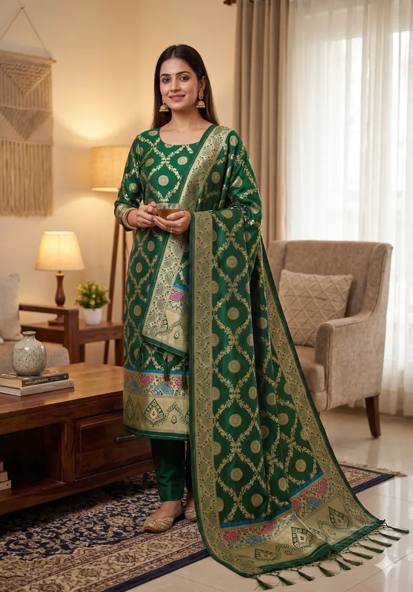 Bottle_Green_Soft_Litchi_Banarasi_Silk_Weaving_Unstitched_Kurta_Set_For_Women