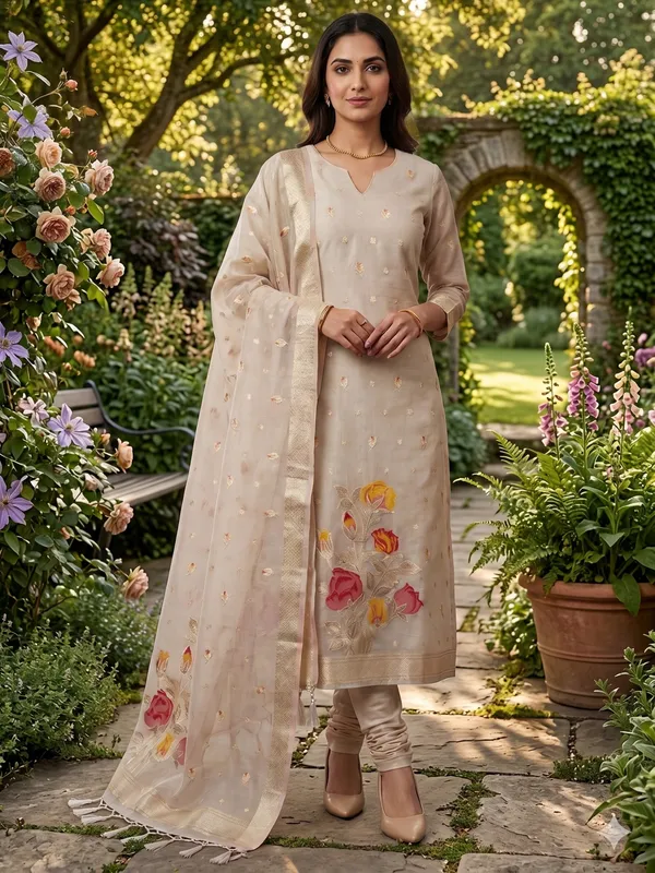 Cream_Shimmer_Banarasi_Silk_Weaving_Unstitched_Kurta_Set_For_Women