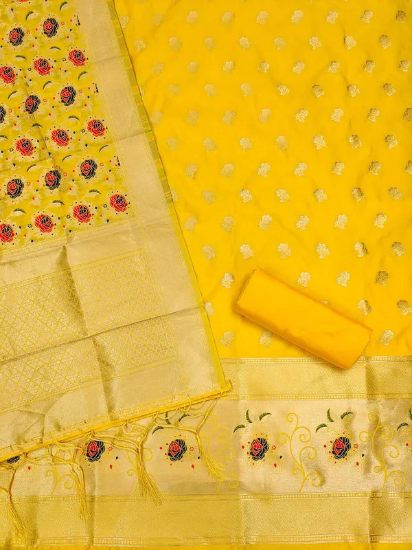 Yellow_Soft_Litchi_Banarasi_Silk_Weaving_Unstitched_Kurta_Set_For_Women