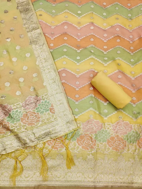 Yellow_Organza_Banarasi_Silk_Weaving_Unstitched_Kurta_Set_For_Women