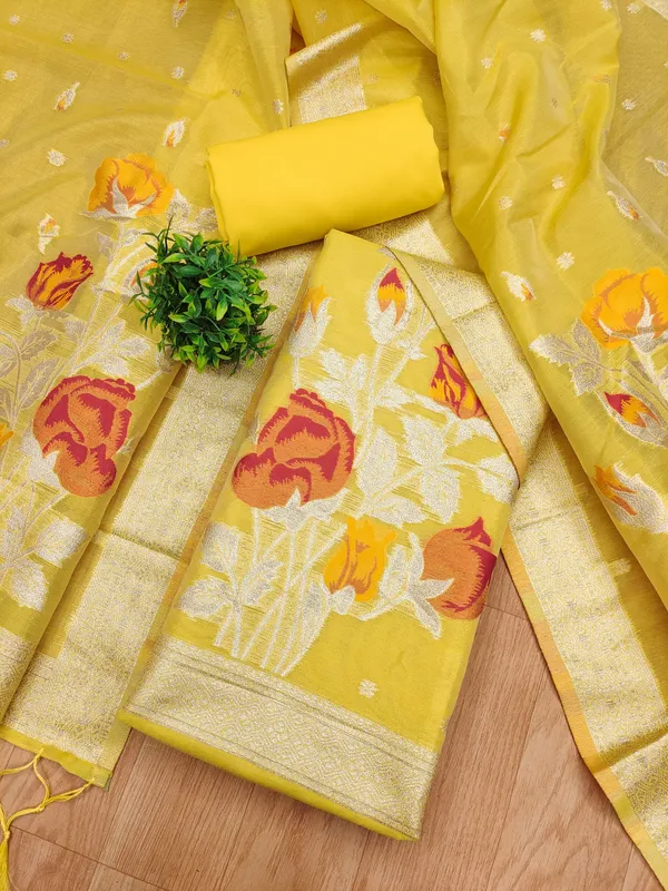 Yellow_Shimmer_Banarasi_Silk_Weaving_Unstitched_Kurta_Set_For_Women