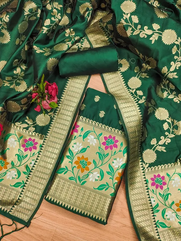 Bottle_Green_Soft_Litchi_Banarasi_Silk_Weaving_Unstitched_Kurta_Set_For_Women