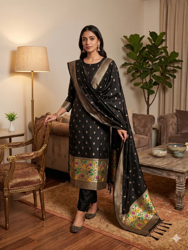Black_Soft_Litchi_Banarasi_Silk_Weaving_Unstitched_Kurta_Set_For_Women