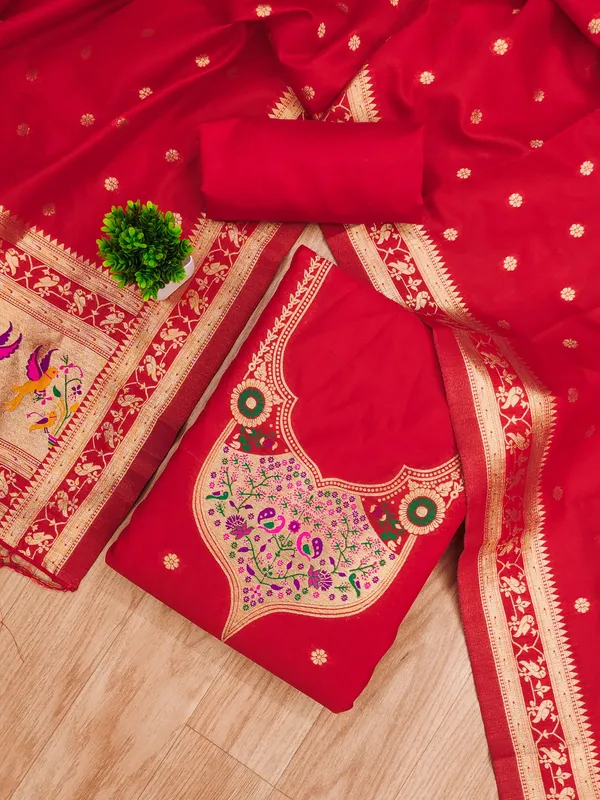 Red_Soft_Litchi_Banarasi_Silk_Weaving_Unstitched_Kurta_Set_For_Women