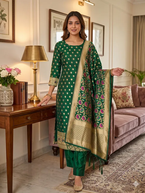 Bottle_Green_Soft_Litchi_Banarasi_Silk_Weaving_Unstitched_Kurta_Set_For_Women