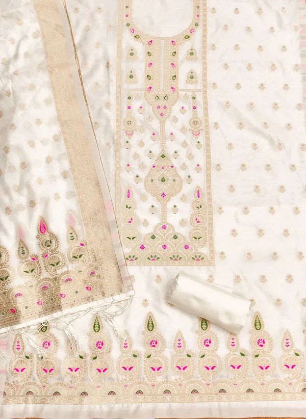 White_Soft_Litchi_Banarasi_Silk_Weaving_Unstitched_Kurta_Set_For_Women