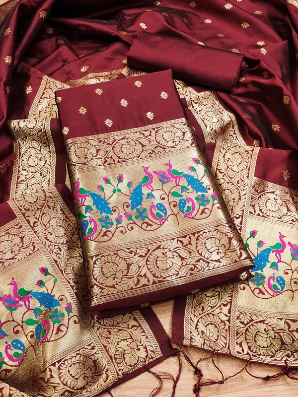 Maroon_Soft_Litchi_Banarasi_Silk_Weaving_Unstitched_Kurta_Set_For_Women