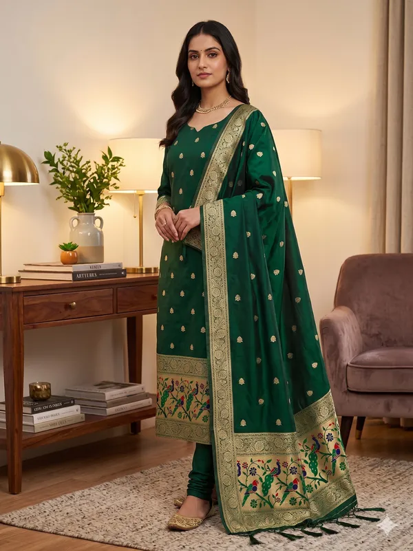 Green_Soft_Litchi_Banarasi_Silk_Weaving_Unstitched_Kurta_Set_For_Women