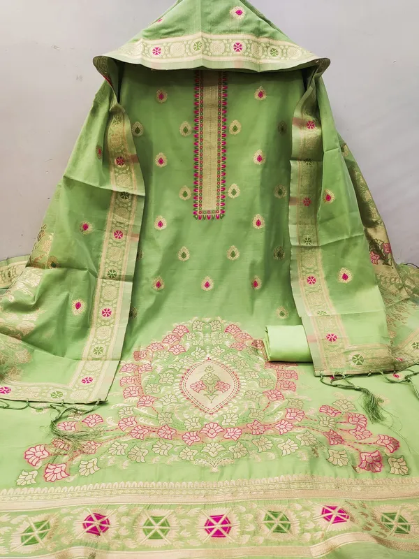 Pista_Chanderi_Banarasi_Cotton_Weaving_Unstitched_Kurta_Set_For_Women