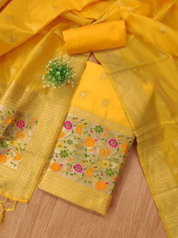 Yellow_Soft_Litchi_Banarasi_Silk_Weaving_Unstitched_Kurta_Set_For_Women