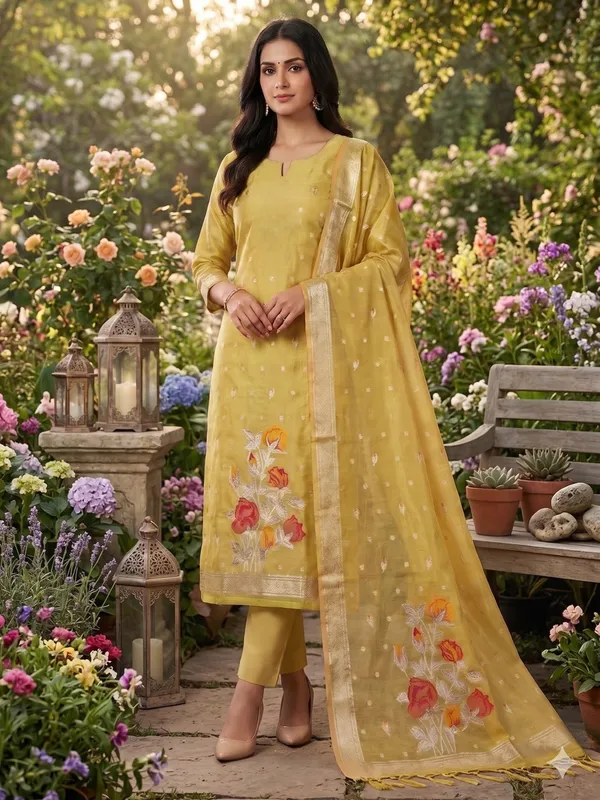 Yellow_Shimmer_Banarasi_Silk_Weaving_Unstitched_Kurta_Set_For_Women