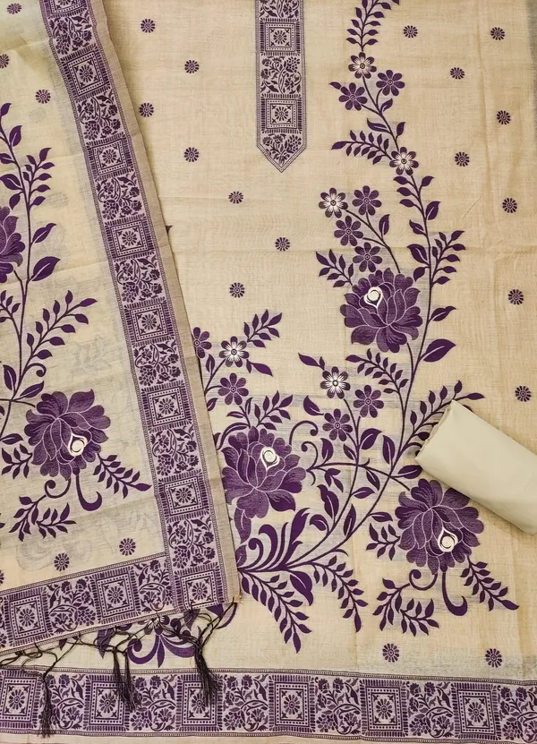 Cream_Jamdani_Banarasi_Cotton_Weaving_Unstitched_Kurta_Set_For_Women