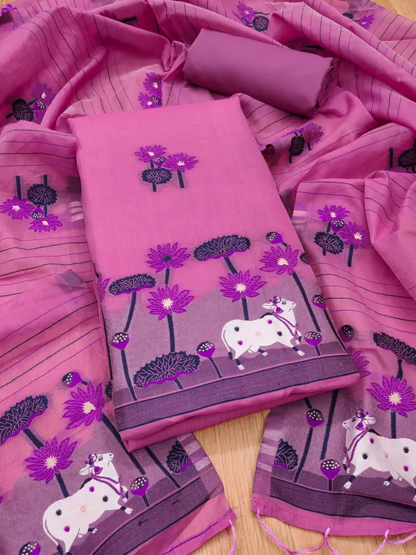 Pink_Muga_Banarasi_Cotton_Weaving_Unstitched_Kurta_Set_For_Women