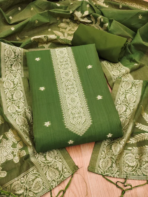 Mehendi_Jamdani_Banarasi_Cotton_Weaving_Unstitched_Kurta_Set_For_Women