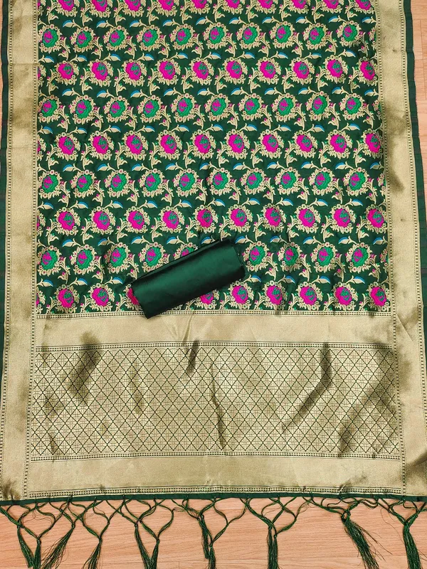 Bottle_Green_Soft_Litchi_Banarasi_Silk_Weaving_Unstitched_Kurta_Set_For_Women