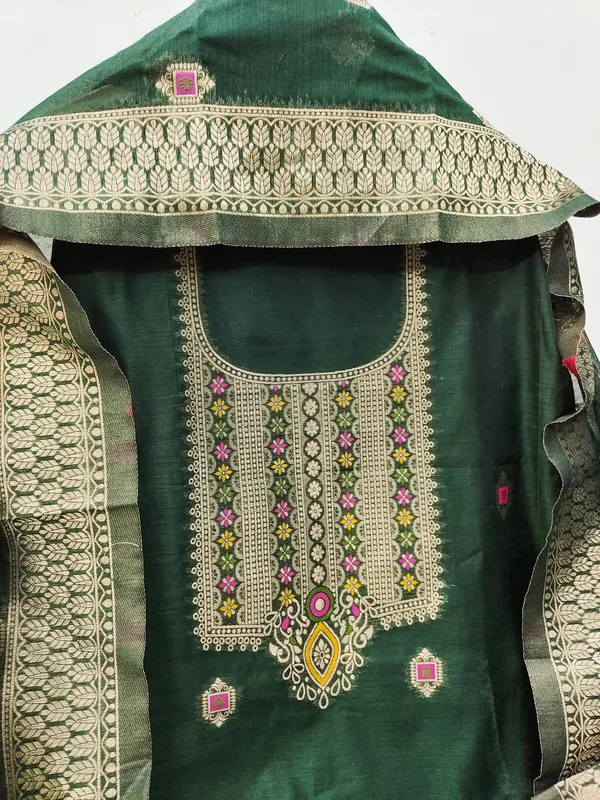 Bottle_Green_Chanderi_Banarasi_Cotton_Weaving_Unstitched_Kurta_Set_For_Women
