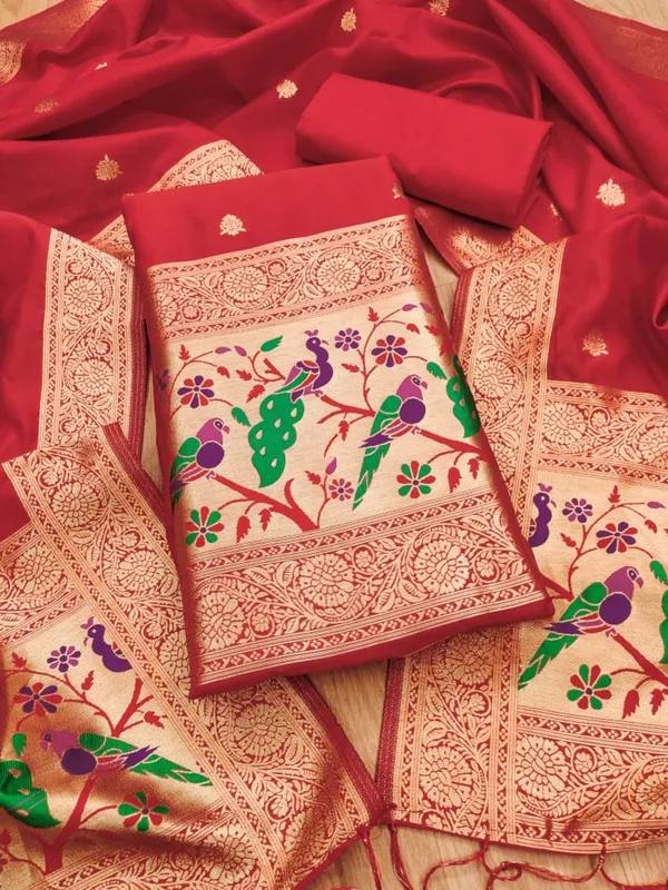 Red_Soft_Litchi_Banarasi_Silk_Weaving_Unstitched_Kurta_Set_For_Women