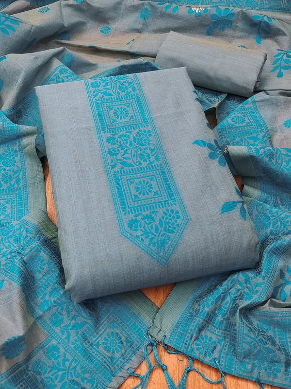 Grey_Jamdani_Banarasi_Cotton_Weaving_Unstitched_Kurta_Set_For_Women