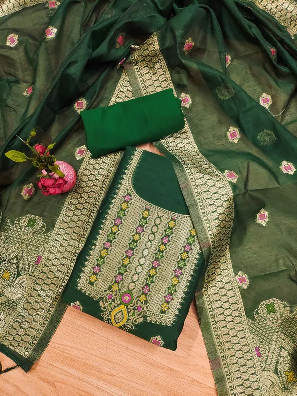 Bottle_Green_Chanderi_Banarasi_Cotton_Weaving_Unstitched_Kurta_Set_For_Women