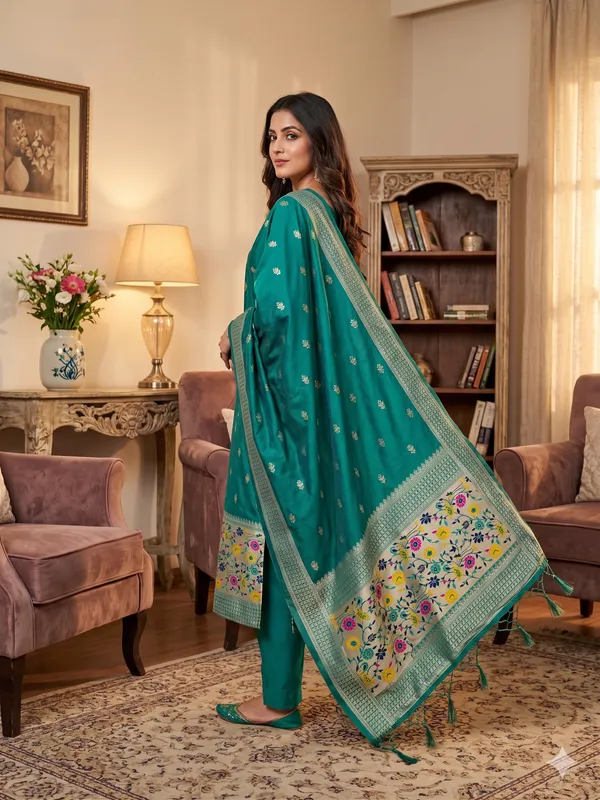 Teal_Soft_Litchi_Banarasi_Silk_Weaving_Unstitched_Kurta_Set_For_Women