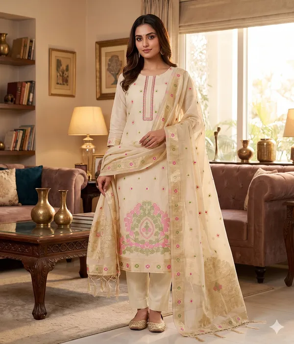 Chiku_Chanderi_Banarasi_Cotton_Weaving_Unstitched_Kurta_Set_For_Women