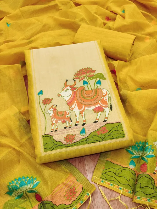 Yellow_Jamdani_Banarasi_Cotton_Weaving_Unstitched_Kurta_Set_For_Women
