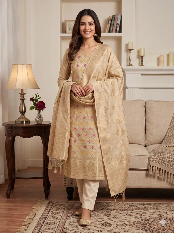 Chiku_Chanderi_Banarasi_Cotton_Weaving_Unstitched_Kurta_Set_For_Women