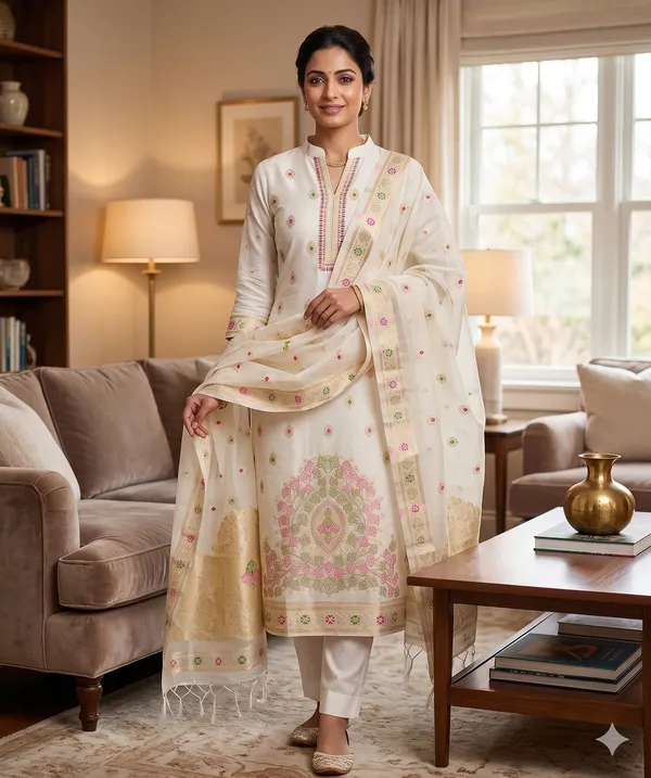 White_Chanderi_Banarasi_Cotton_Weaving_Unstitched_Kurta_Set_For_Women
