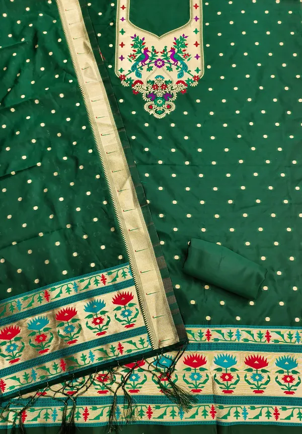 Green_Soft_Litchi_Banarasi_Silk_Weaving_Unstitched_Kurta_Set_For_Women