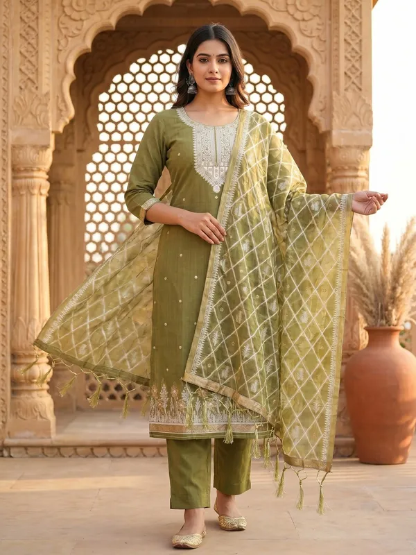 Mehendi_Jamdani_Banarasi_Cotton_Weaving_Unstitched_Kurta_Set_For_Women