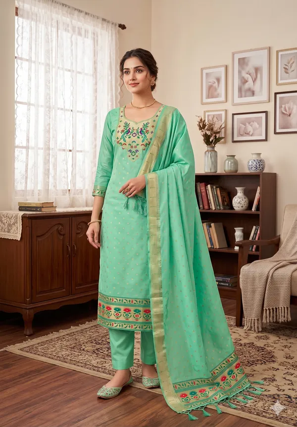 Sage_Green_Soft_Litchi_Banarasi_Silk_Weaving_Unstitched_Kurta_Set_For_Women