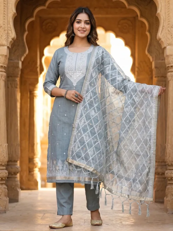 Grey_Jamdani_Banarasi_Cotton_Weaving_Unstitched_Kurta_Set_For_Women