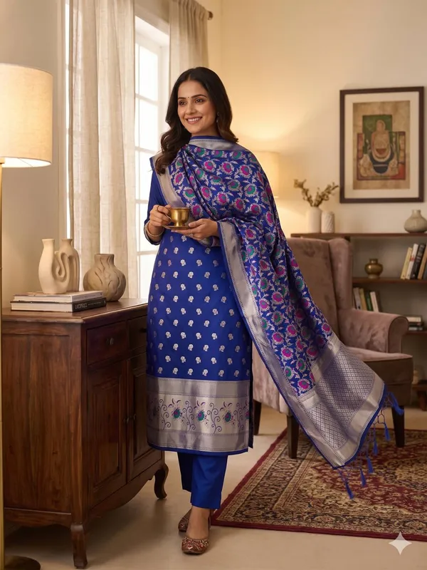 Royal_Blue_Soft_Litchi_Banarasi_Silk_Weaving_Unstitched_Kurta_Set_For_Women