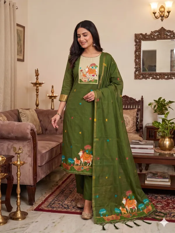 Mehendi_Jamdani_Banarasi_Cotton_Weaving_Unstitched_Kurta_Set_For_Women
