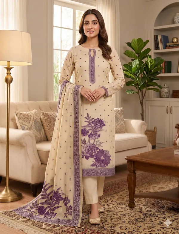 Cream_Jamdani_Banarasi_Cotton_Weaving_Unstitched_Kurta_Set_For_Women
