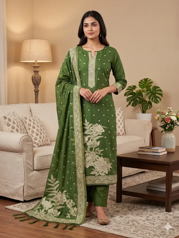 Mehendi_Jamdani_Banarasi_Cotton_Weaving_Unstitched_Kurta_Set_For_Women