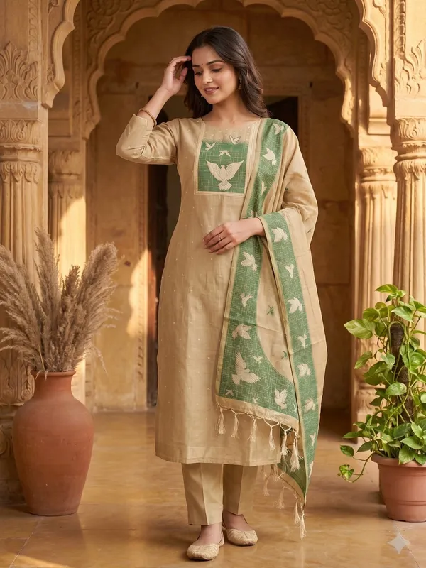 Beige_Jamdani_Banarasi_Cotton_Weaving_Unstitched_Kurta_Set_For_Women
